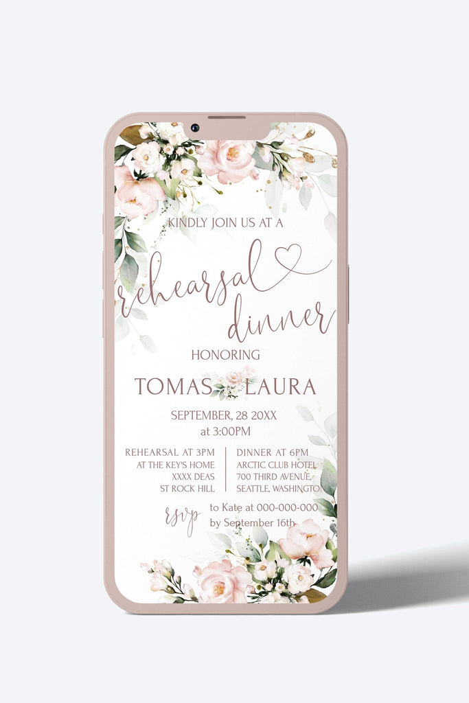 An electronic rehearsal dinner invitation template on a smartphone, with a floral design featuring pink and white flowers and text that includes the words 'rehearsal dinner' and 'honoring Laura'. The background is white, and there is a border at the top and bottom.
