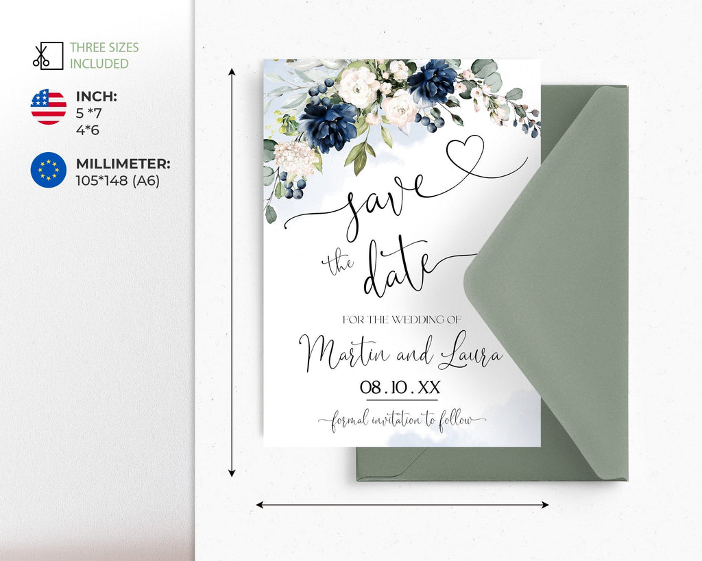 Wedding save the date card with floral design and envelope on a white background