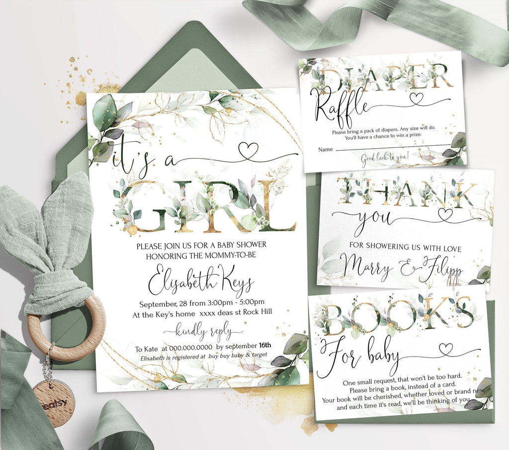 A set of sage green baby shower invitations with gold accents, including designs for an invitation, thank you card, book for baby, and diaper ruffles. The invitations feature floral and eucalyptus motifs, with personalized text including names and dates.