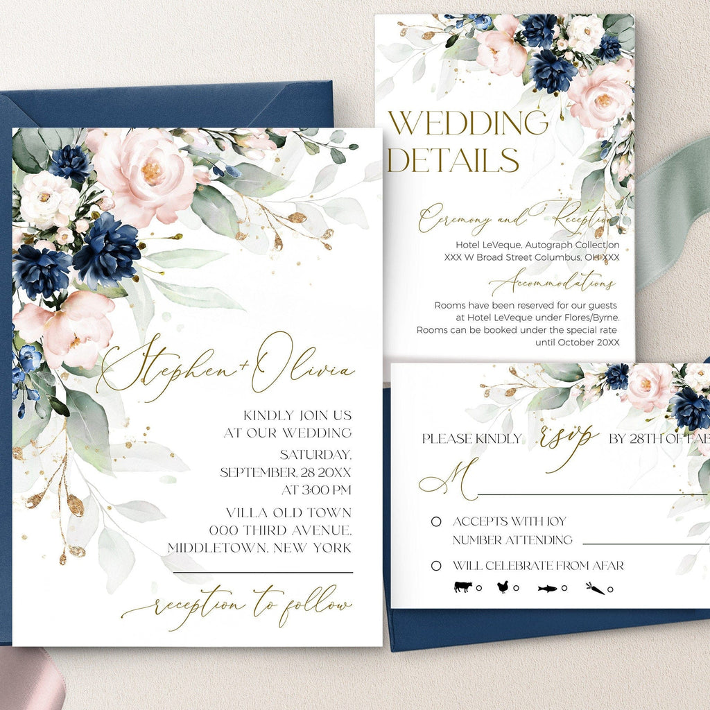 A navy blue and blush wedding invitation suite with floral details and a customizable template design, including an invitation, details card, and RSVP cards.