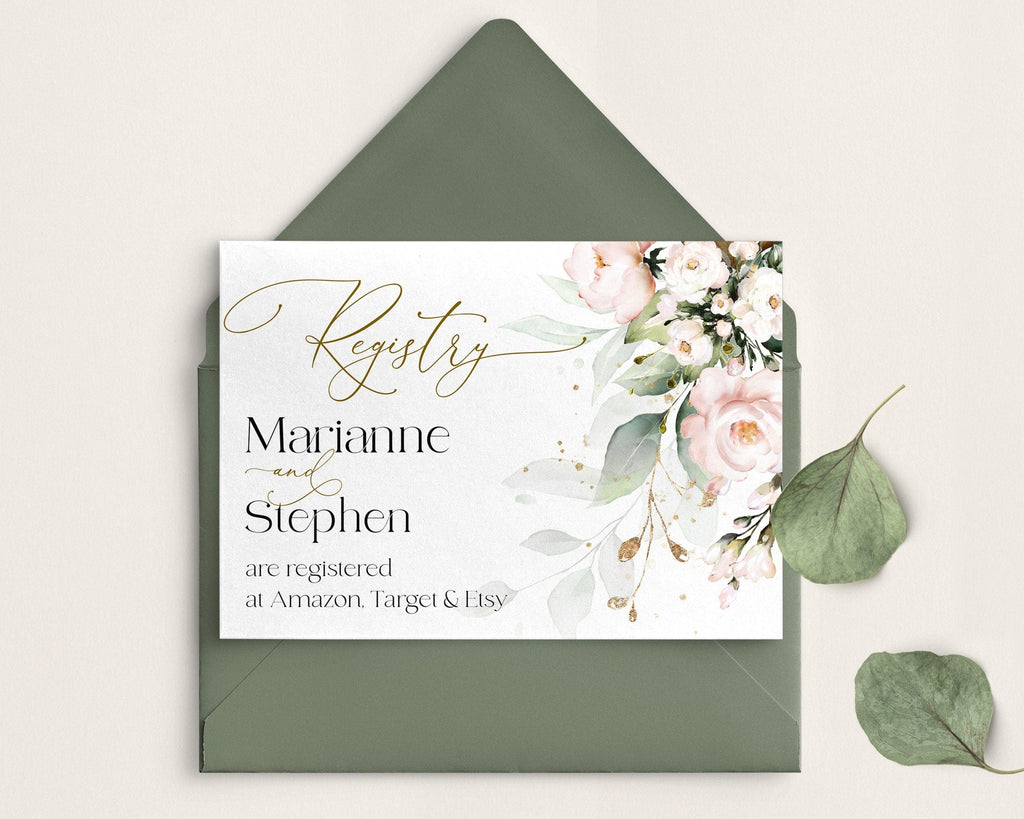 Wedding registry card with floral design and green envelope on a white background