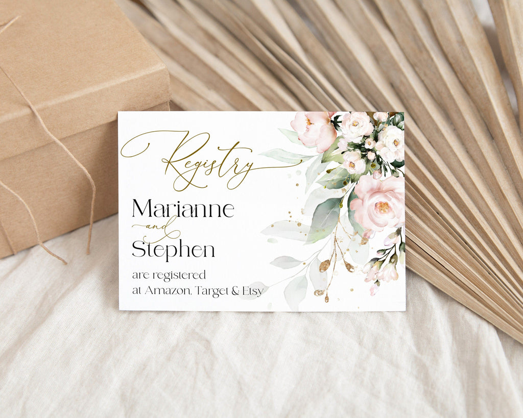Registry card with floral design and text on a neutral background