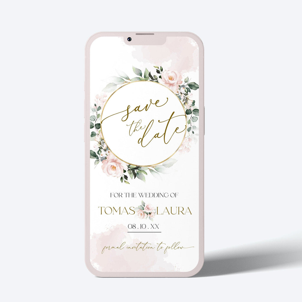 Electronic save the date card with a floral design and text that reads 'Save the Date for the Wedding of Tomasa Laurea Ortega '.