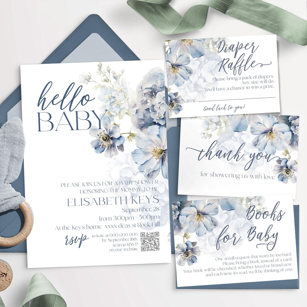 Baby shower invitation set with floral design on a white background
