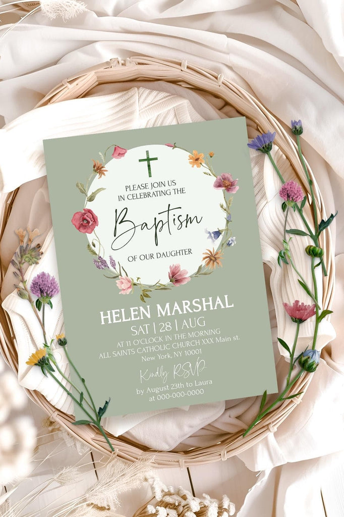 Wildflowers Baptism invitation Template | Editable Wildflowers Eucalyptus Christening invitation, Wild Herbs Baptism Invite