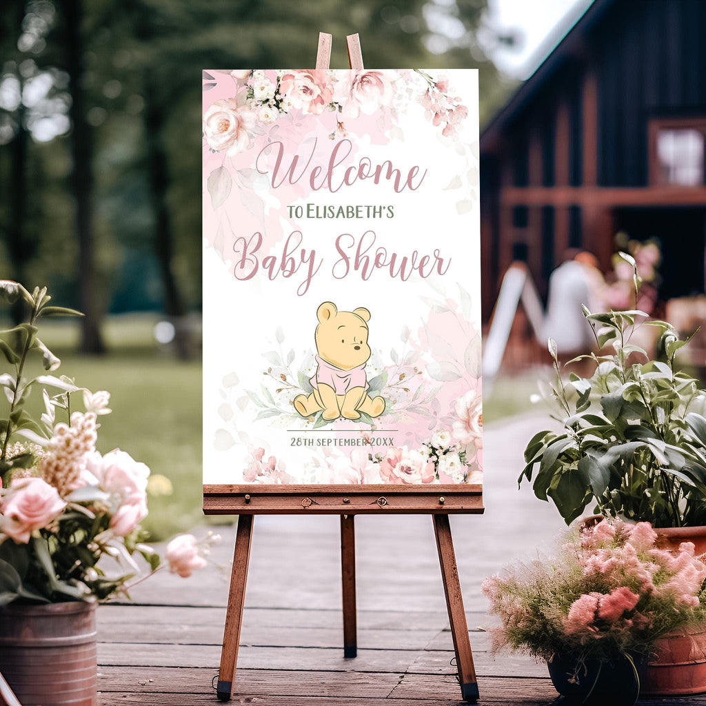 Winnie the Pooh Baby Shower Welcome Sign Template: Pink Bear Poster (Digital Download)