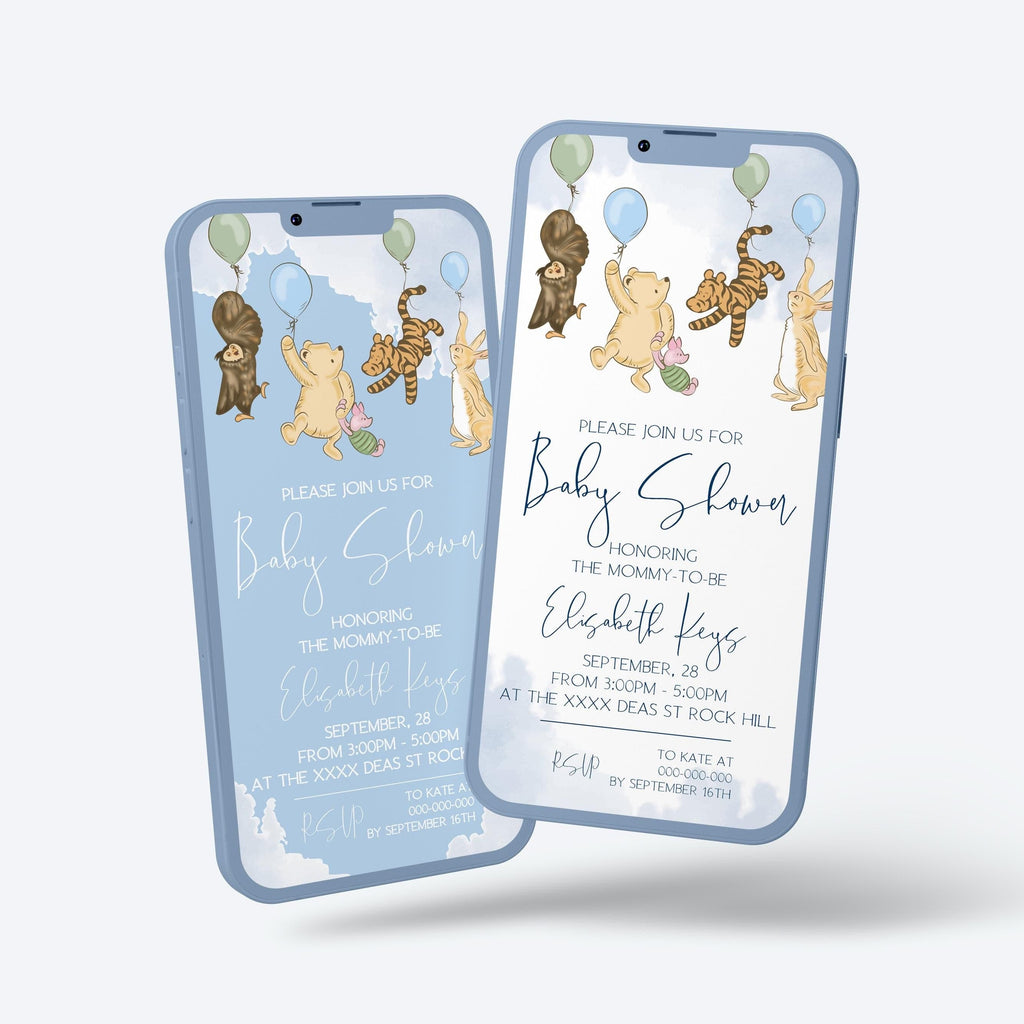 Winnie the pooh baby shower digital invitation, Blue baby shower electronic invitation