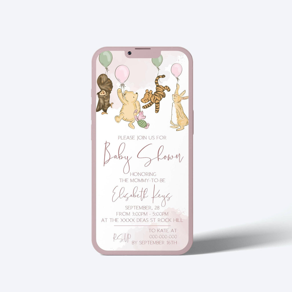 Winnie the Pooh Baby Shower Invitation: Pink Bear E-Invite (Electronic Template)