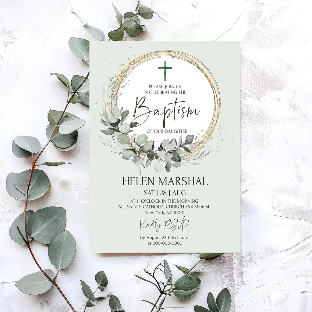 Greenery Baptism invitation Template, Eucalyptus Christening invitation, Green and Gold Baptism Invite