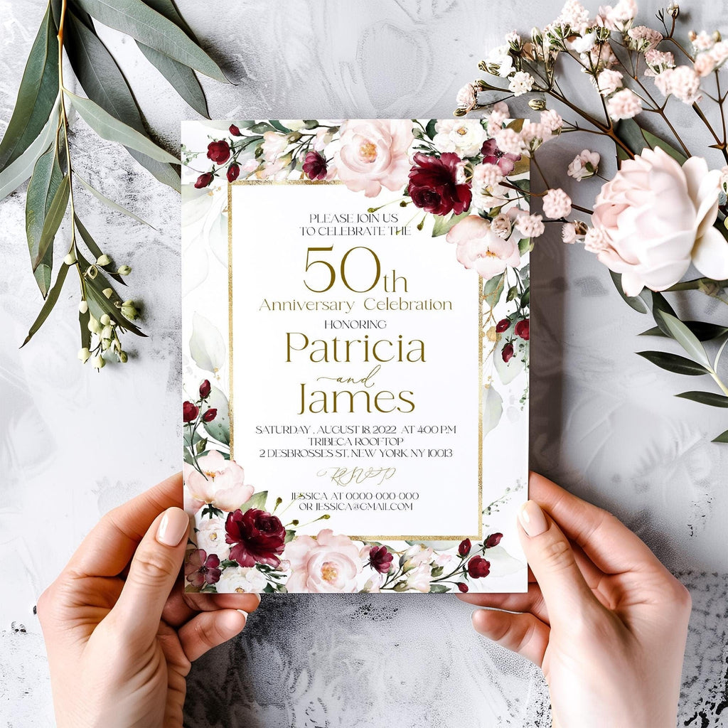Burgundy Floral 50th Anniversary Invitation Template (Editable)