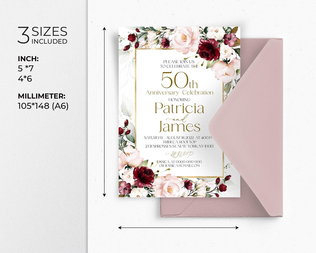 Burgundy Floral 50th Anniversary Invitation Template (Editable)