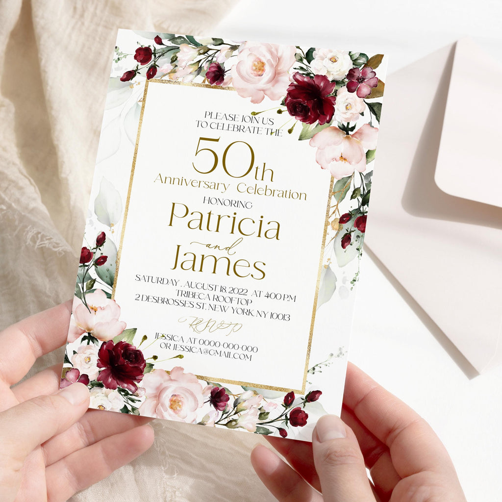 Burgundy Floral 50th Anniversary Invitation Template (Editable)