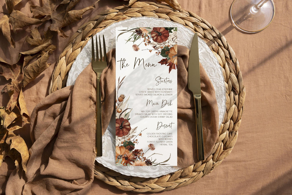 Pumpkin menu template, fall wedding menu card, printable