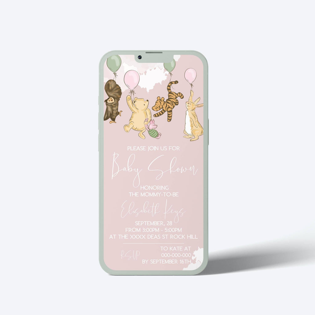 Winnie the Pooh Baby Shower Invitation: Pink Bear E-Invite (Electronic Template)