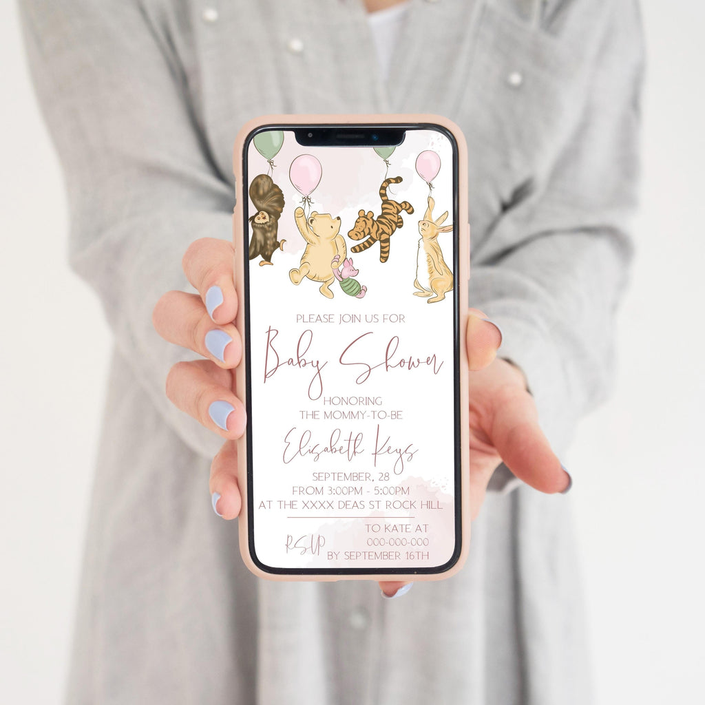 Winnie the Pooh Baby Shower Invitation: Pink Bear E-Invite (Electronic Template)
