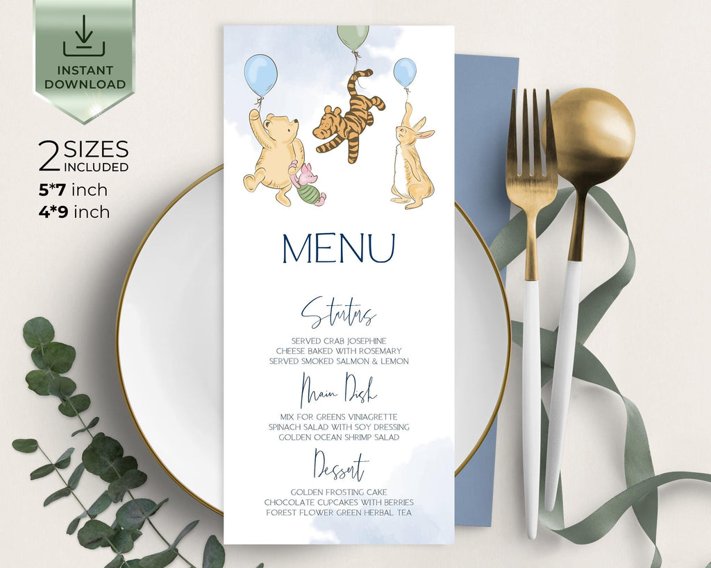 Winnie the Pooh Baby Shower Menu Template: Blue Party Menu (Printable)