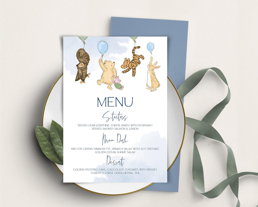 Winnie the Pooh Baby Shower Menu Template: Blue Party Menu (Printable)