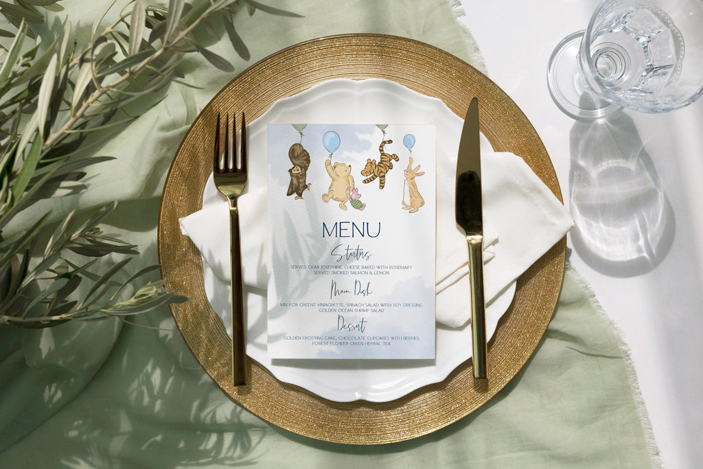 Winnie the Pooh Baby Shower Menu Template: Blue Party Menu (Printable)