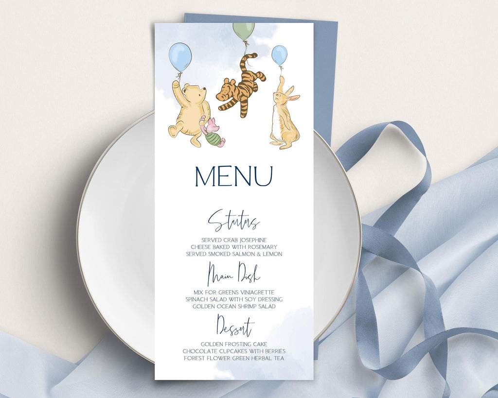 winnie the pooh menu template, blue baby shower menu