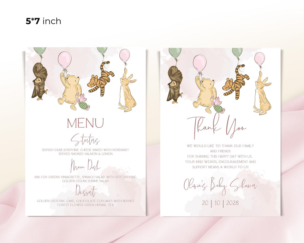 Winnie the Pooh Baby Shower Menu Template: Pink Party Theme (Printable)