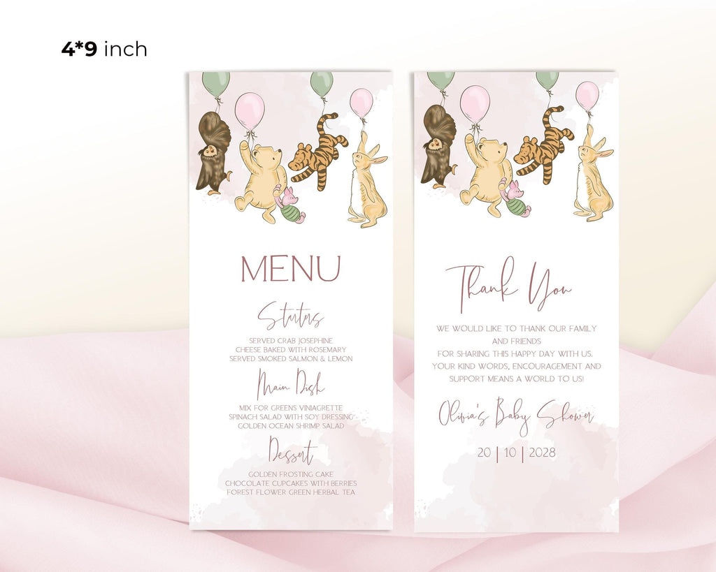 Winnie the Pooh Baby Shower Menu Template: Pink Party Theme (Printable)