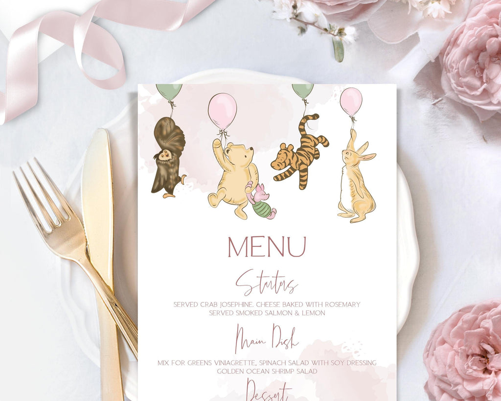 Winnie the pooh menu template, pink baby shower menu card