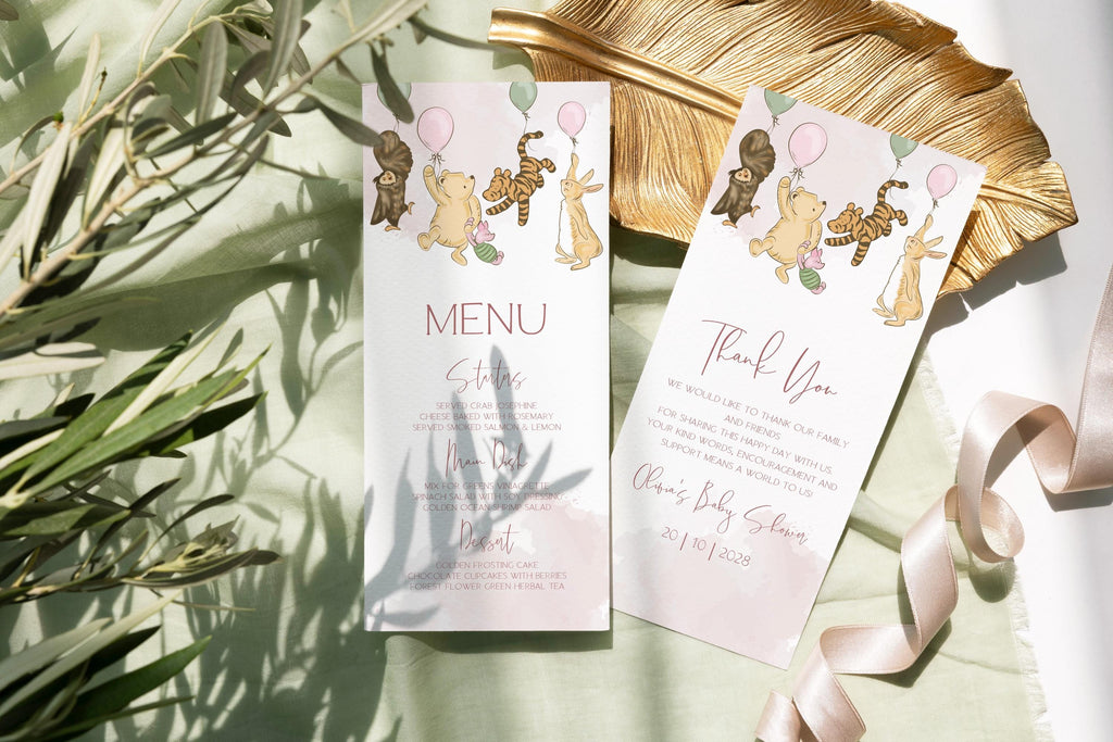 Winnie the Pooh Baby Shower Menu Template: Pink Party Theme (Printable)