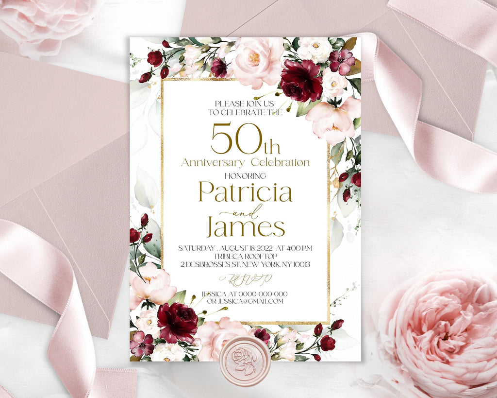 Burgundy Floral 50th Anniversary Invitation Template (Editable)