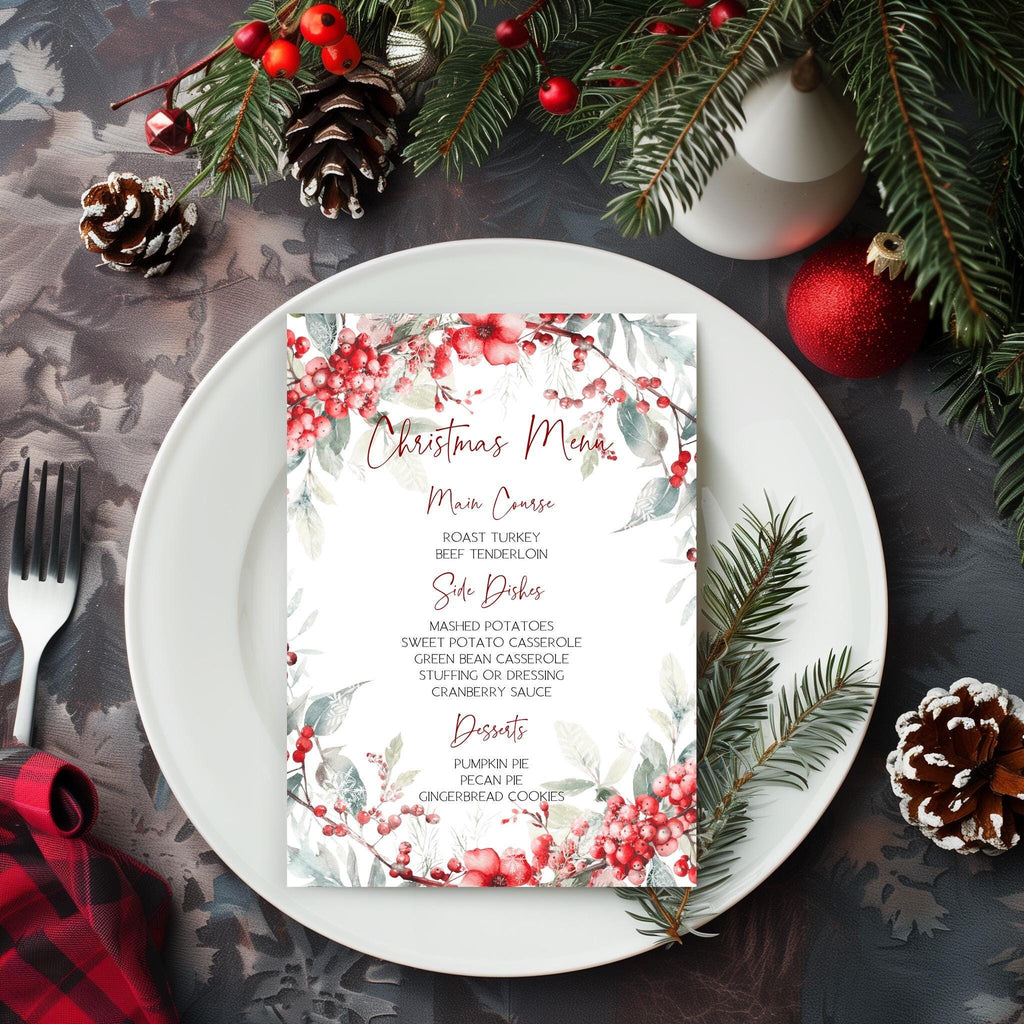 Christmas Party Menu and Thank you card Template Printable Winter Red Menu Card Editable Holiday Dinner Menu Card BP800