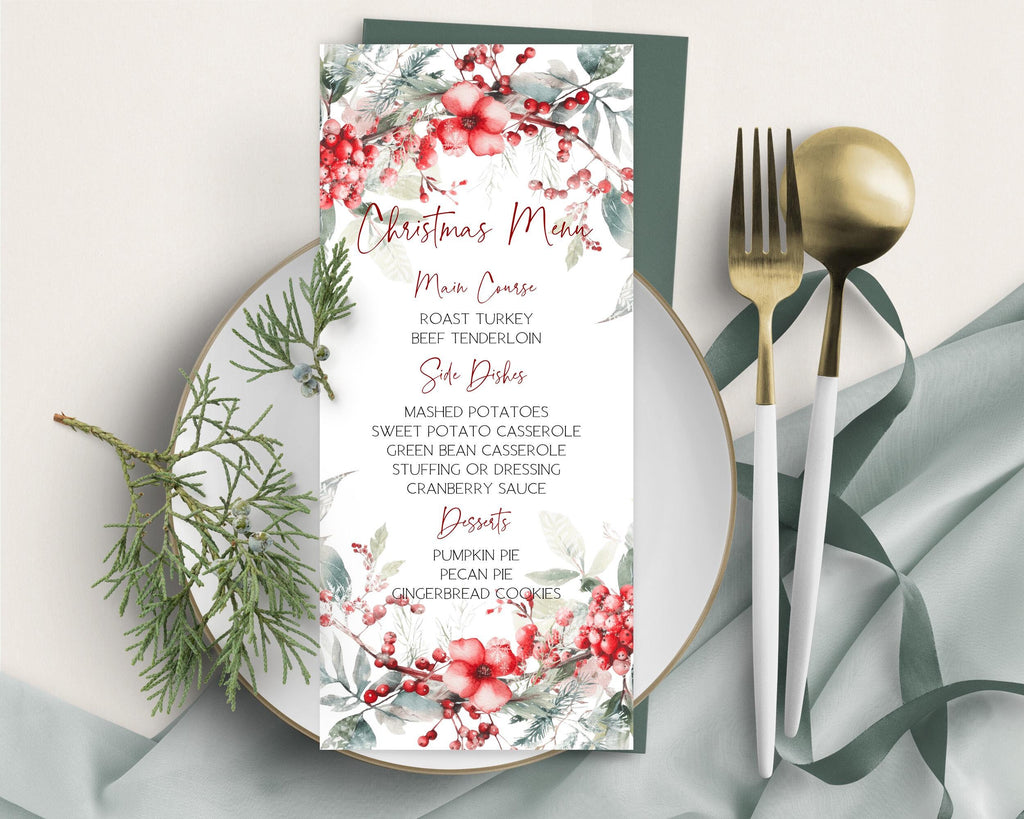 Christmas dinner menu template, red winter menu