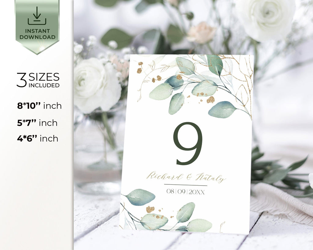 Table number card with leafy design on a white background