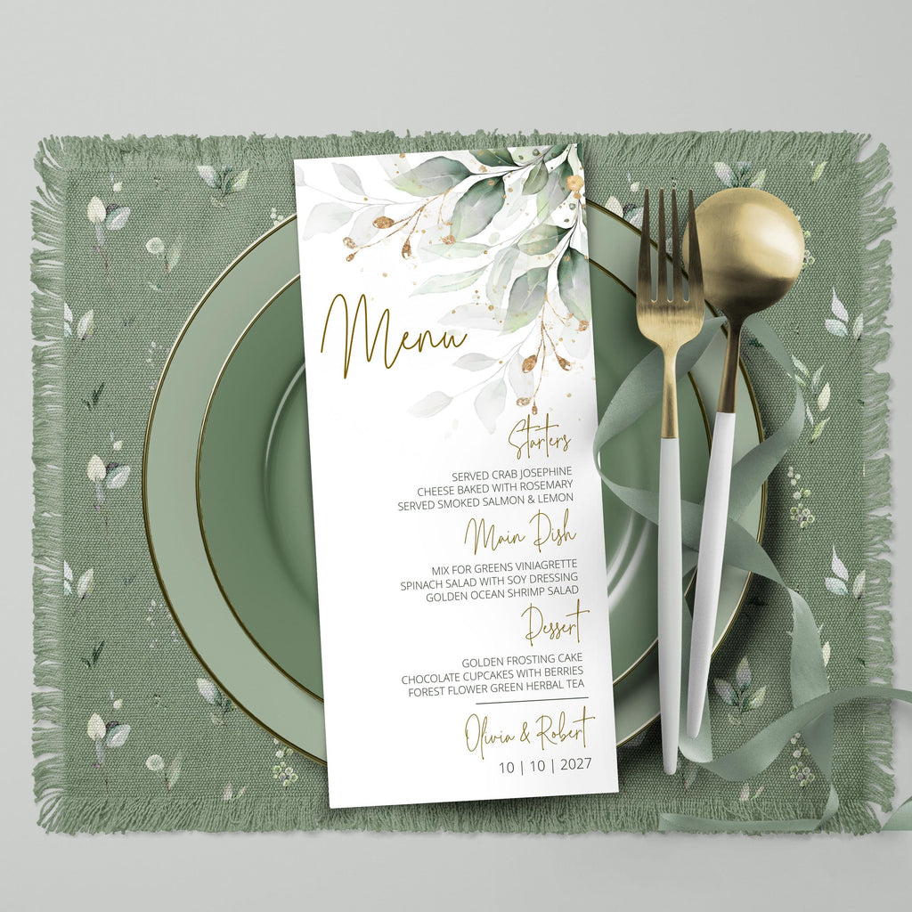 Sage green Wedding Menu Template Editable Sage Green leaves Gold Wedding Menu, Gold Eucalyptus dinner menu