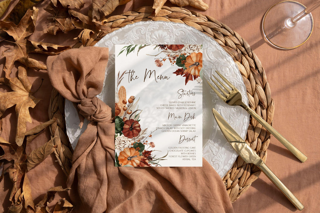 Pumpkin Menu Template, Thanksgiving Dinner Menu Fall Desert Wedding Menu Card | Editable Autumn Wedding Menu | Garden Wedding Menu | BP700