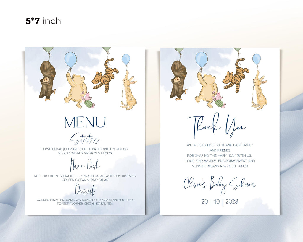 Winnie the Pooh Baby Shower Menu Template: Blue Party Menu (Printable)