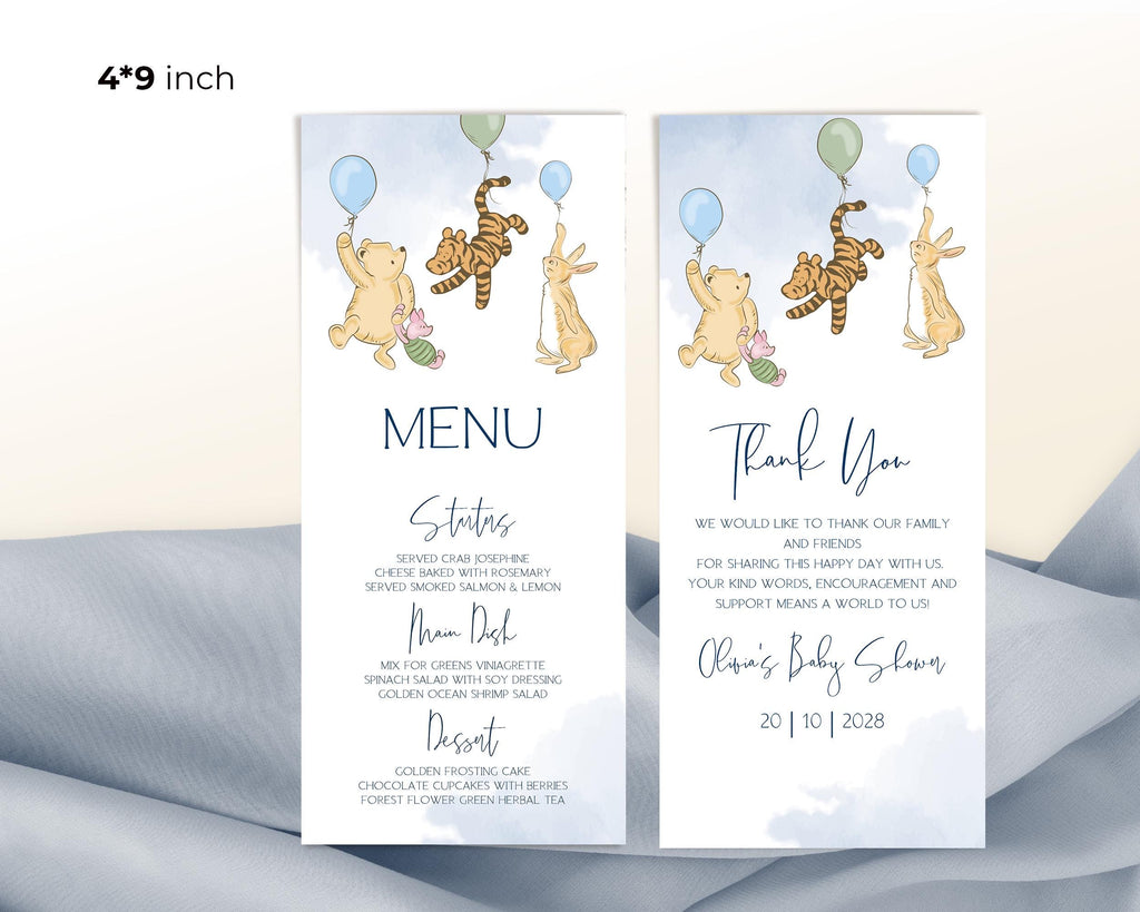 Winnie the Pooh Baby Shower Menu Template: Blue Party Menu (Printable)