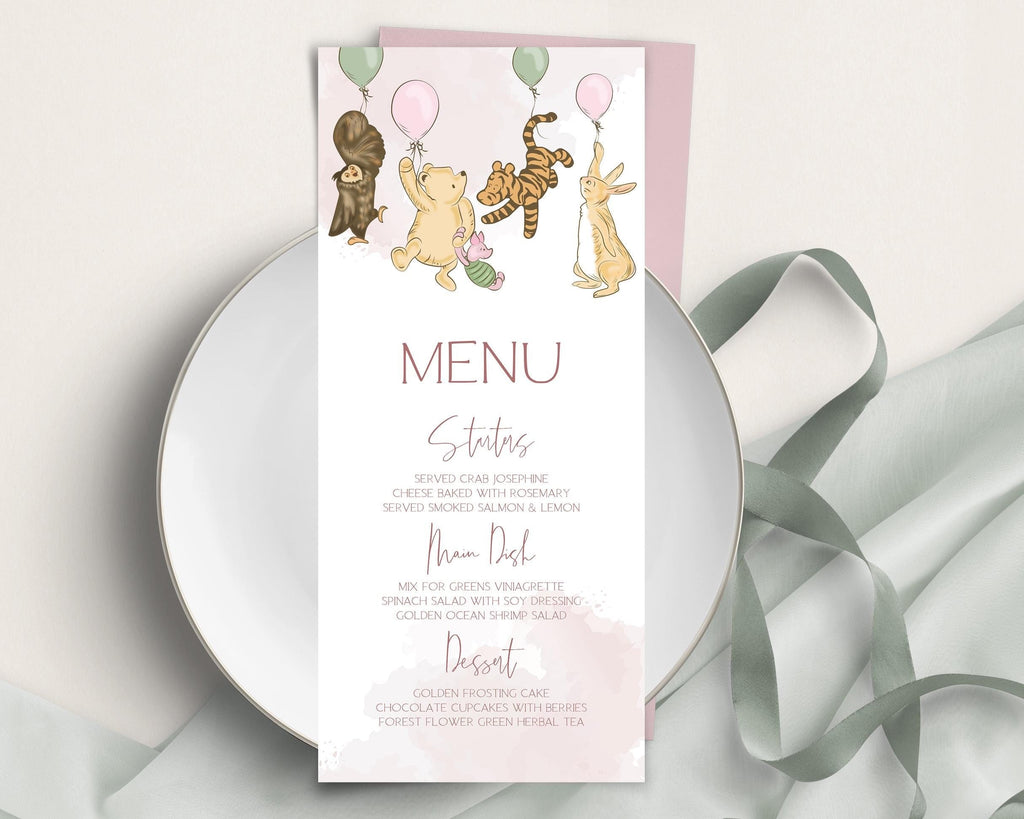 Winnie the Pooh Baby Shower Menu Template: Pink Party Theme (Printable)