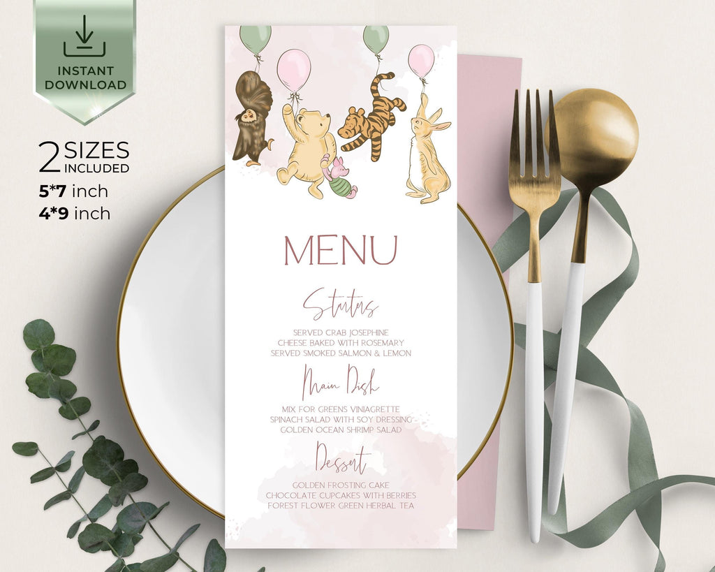 Winnie the Pooh Baby Shower Menu Template: Pink Party Theme (Printable)