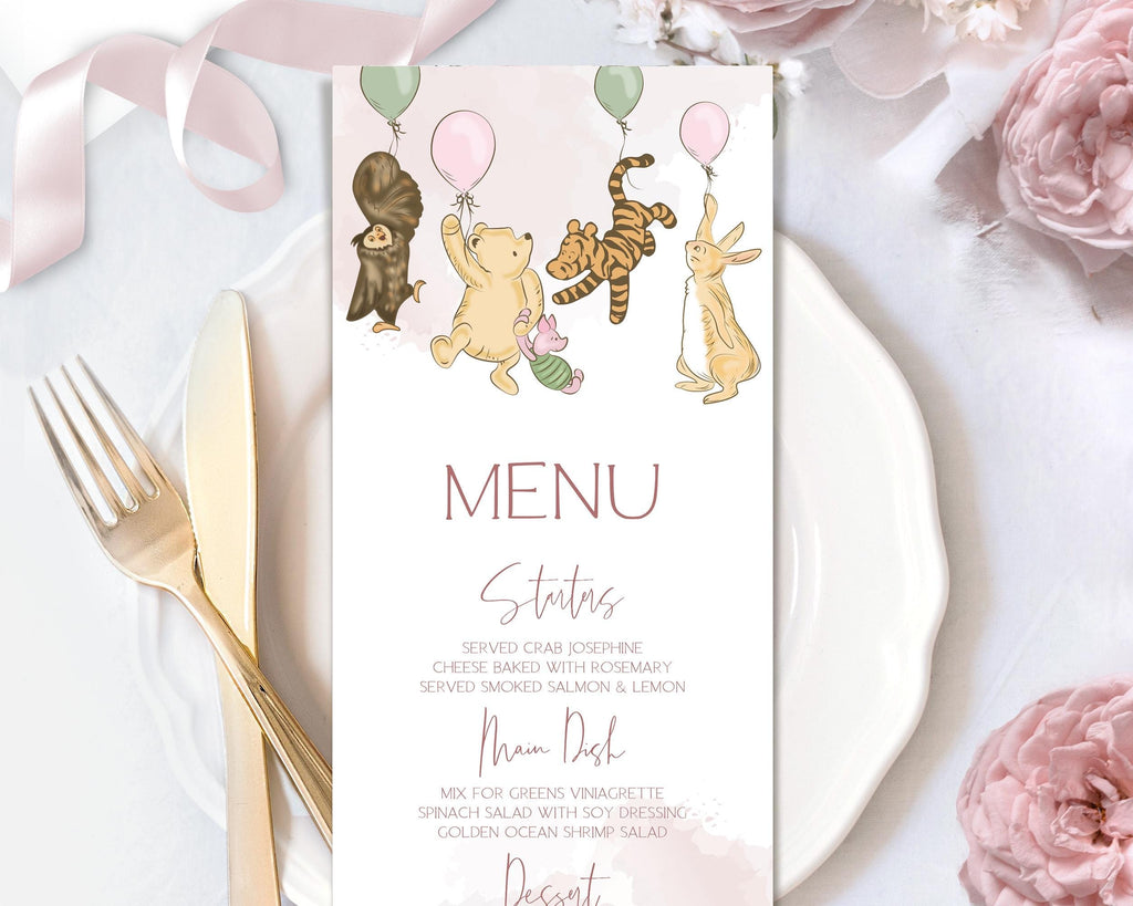 Winnie the Pooh Baby Shower Menu Template: Pink Party Theme (Printable)