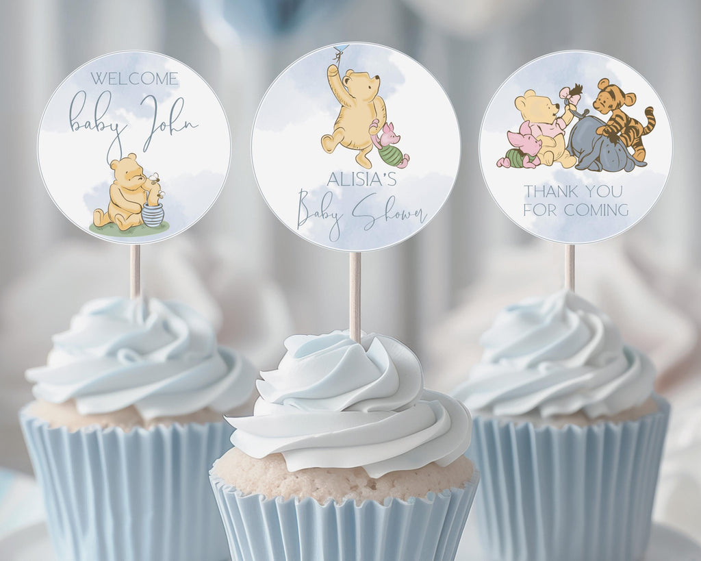 Winnie the Pooh Baby Shower Cupcake Toppers: Blue Theme (Digital Download)