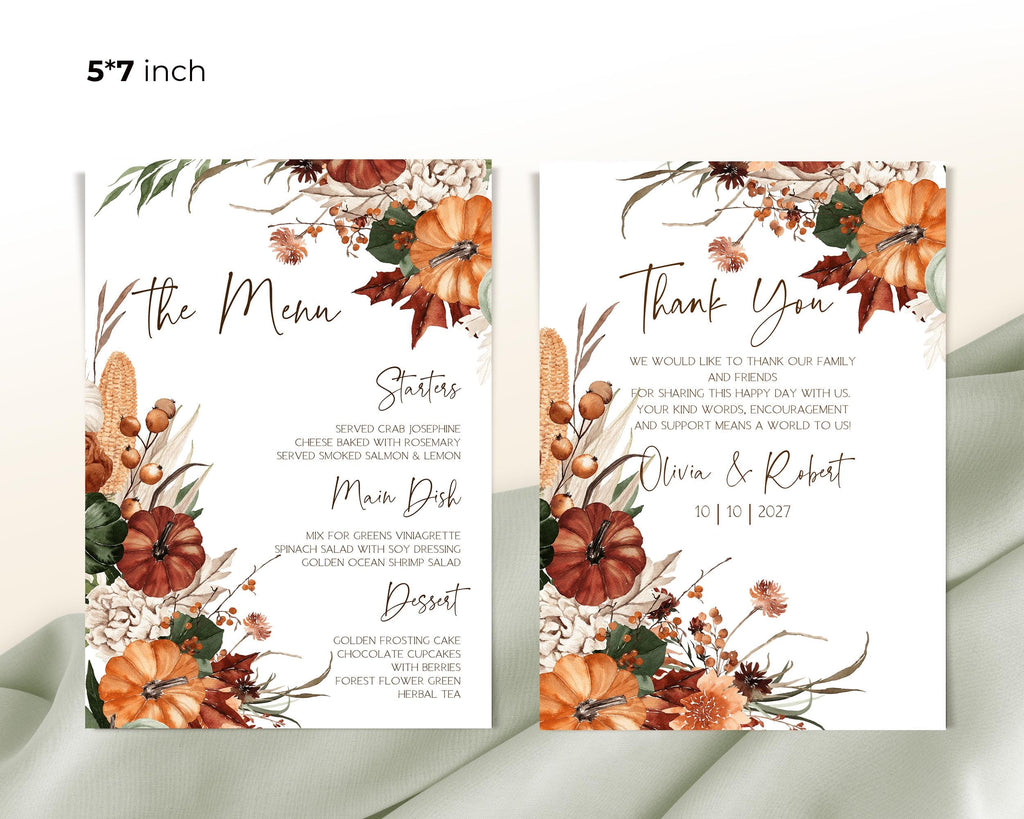 Pumpkin Menu Template, Thanksgiving Dinner Menu Fall Desert Wedding Menu Card | Editable Autumn Wedding Menu | Garden Wedding Menu | BP700