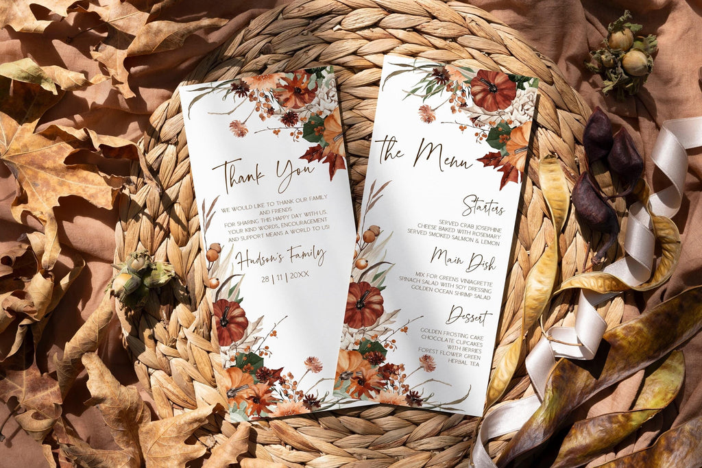 Pumpkin Menu Template, Thanksgiving Dinner Menu Fall Desert Wedding Menu Card | Editable Autumn Wedding Menu | Garden Wedding Menu | BP700