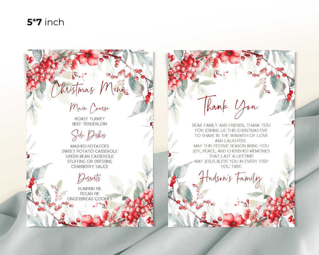 Christmas Party Menu and Thank you card Template Printable Winter Red Menu Card Editable Holiday Dinner Menu Card BP800