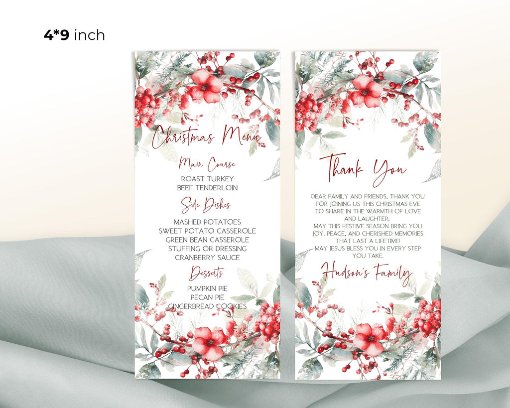 Christmas Party Menu and Thank you card Template Printable Winter Red Menu Card Editable Holiday Dinner Menu Card BP800