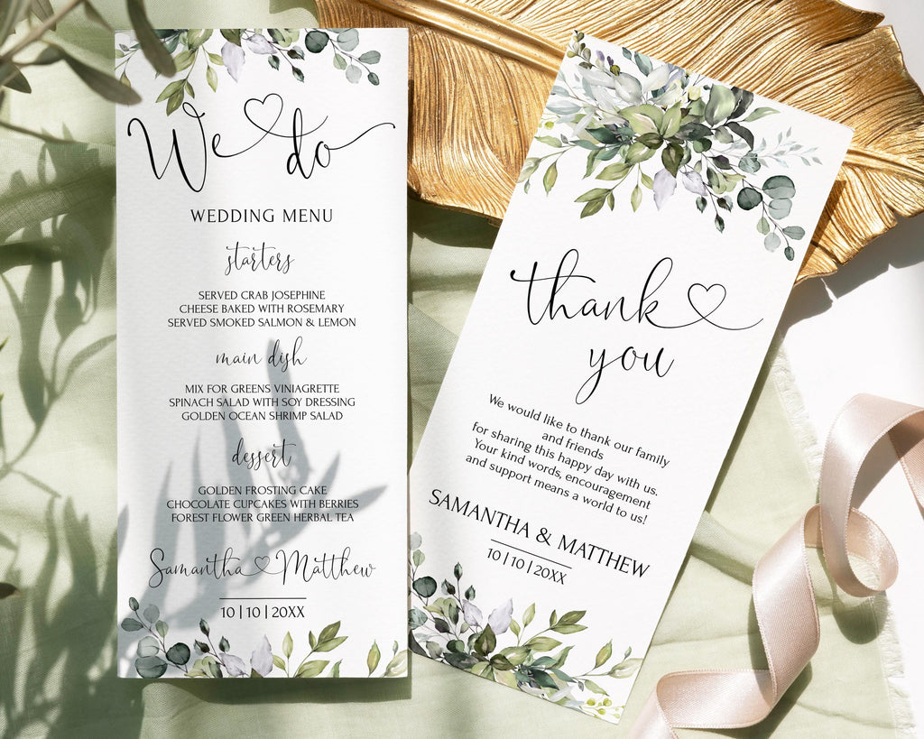 A set of printable wedding menu and thank you cards with a floral design and a 'thank you' text on a card placed on a wooden surface with a ribbon in the background.
