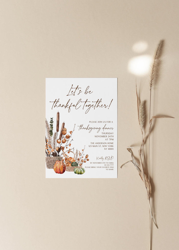 Thanksgiving Dinner Invitation Template | Pumpking Thanksgiving Feast Invitation, Fall Autumn Editable Invites for dinner party invite BP700