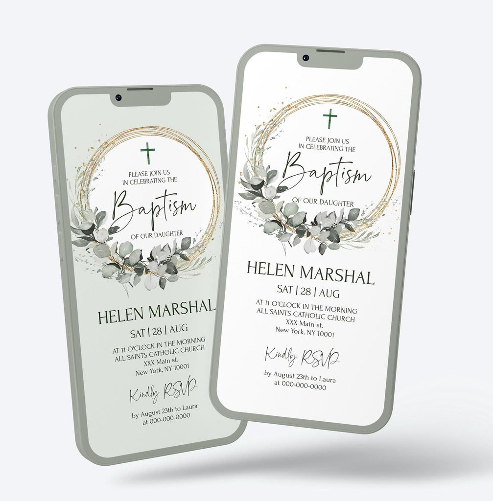 A digital baptism invitation template displayed on an iPhone, featuring a green and gold color scheme with eucalyptus leaves and text for a baptism event.