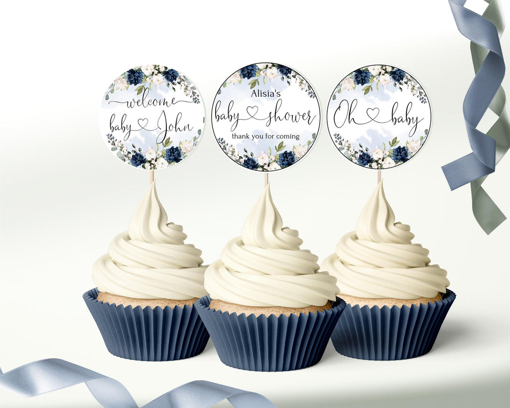 Blue Baby Shower Cupcake Toppers Template, Royal Blue Printable Boy Girl Blue Navy Creamy Flowers Shower Cupcake Topper, Editable OTTO LE300