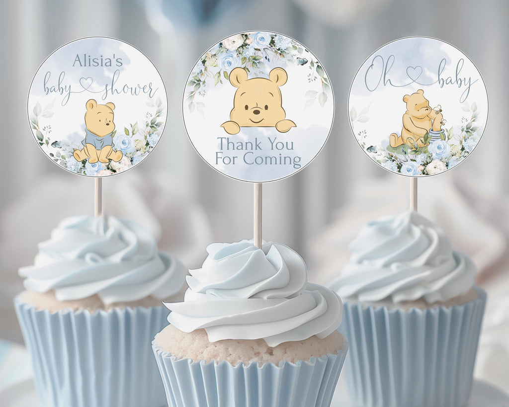 Blue baby shower cupcake toppers, winnie the pooh cupcake toppers