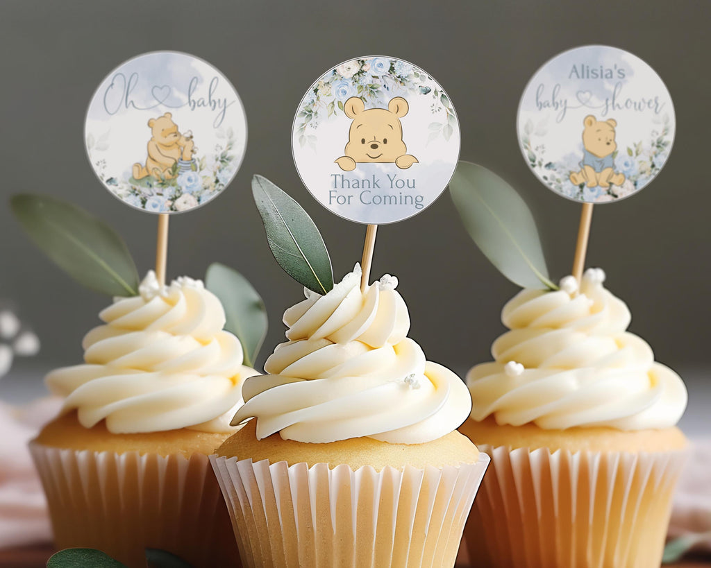 Winnie the Pooh Baby Shower Cupcake Toppers Template (Digital Download)