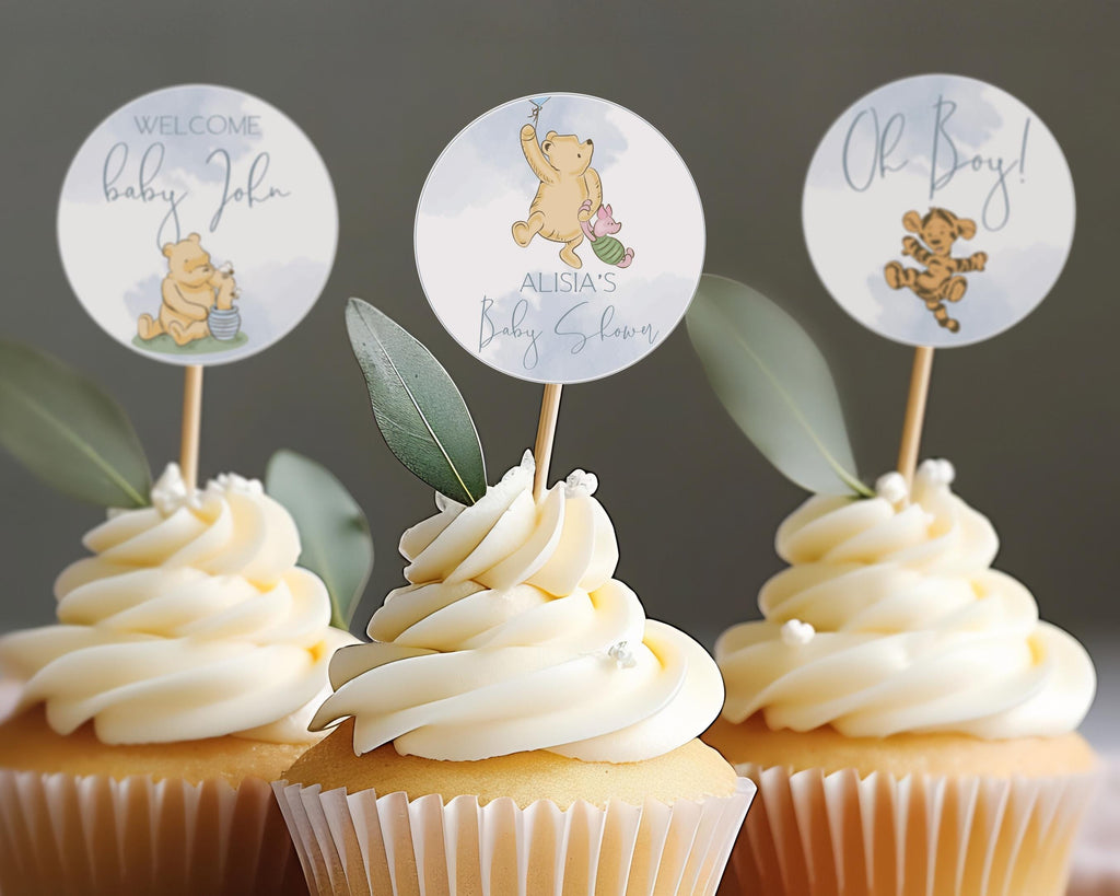 Winnie the Pooh Baby Shower Cupcake Toppers: Blue Theme (Digital Download)